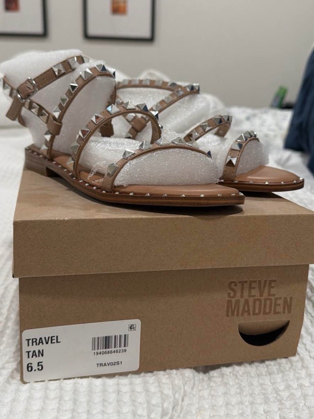 Steve Madden Tan Pyramid-Stud Multi-Strap Sandals